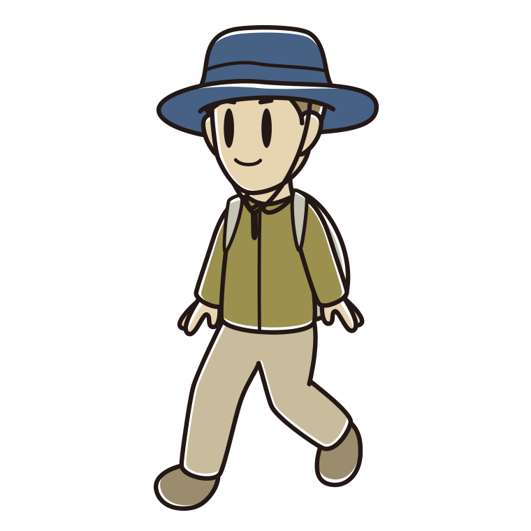 ハイキングをする男性のイラスト【色あり、背景なし】透過PNG