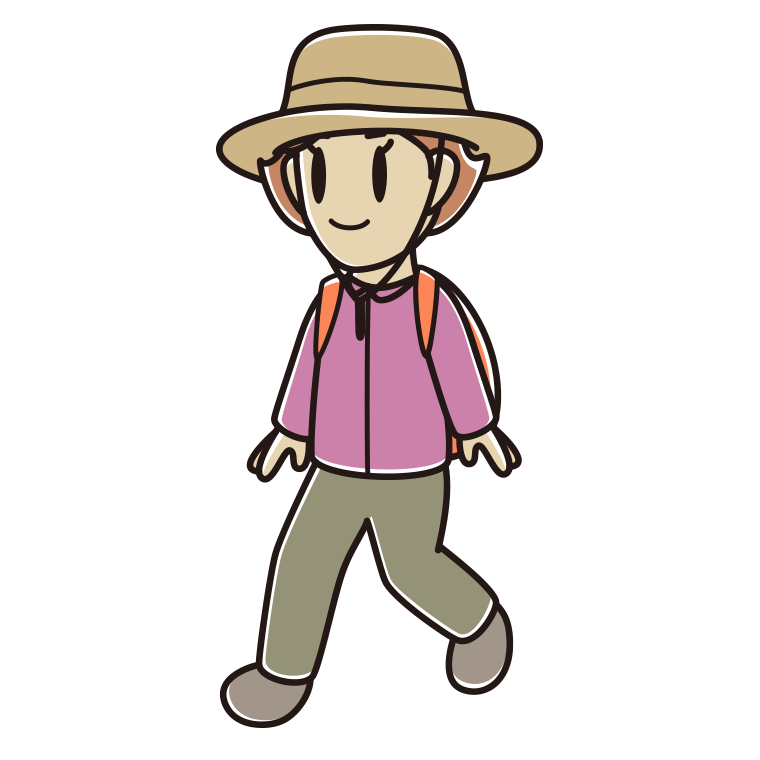 ハイキングをする女性のイラスト【色あり、背景なし】透過PNG