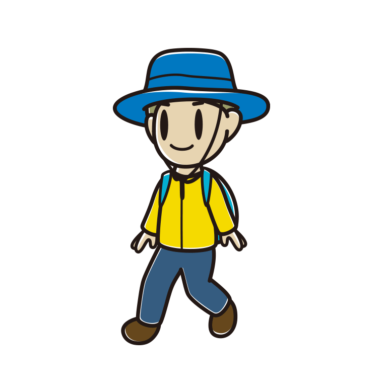 ハイキングをする小学生男子のイラスト【色あり、背景なし】透過PNG