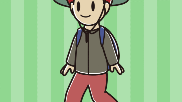 ハイキングをする男子大学生のイラスト【色、背景あり】PNG