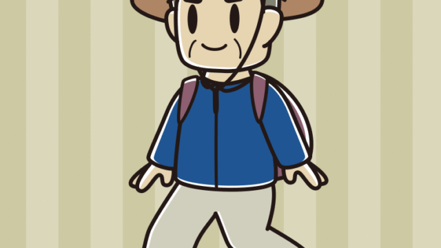 ハイキングをするおじさんのイラスト【色、背景あり】PNG