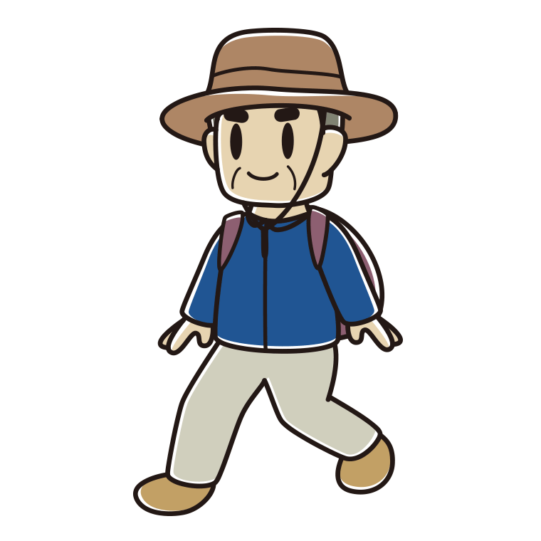 ハイキングをするおじさんのイラスト【色あり、背景なし】透過PNG