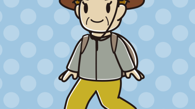 ハイキングをするおばさんのイラスト【色、背景あり】PNG