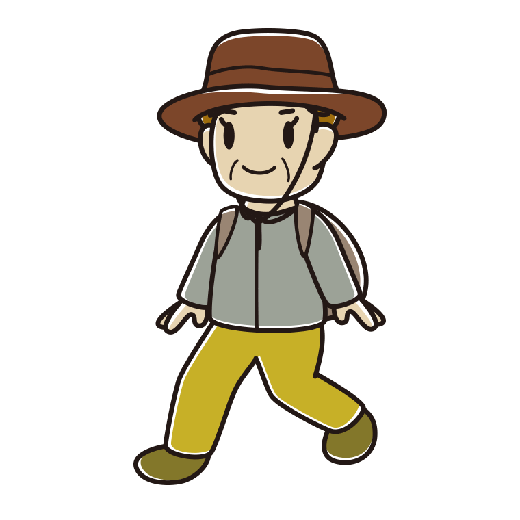 ハイキングをするおばさんのイラスト【色あり、背景なし】透過PNG