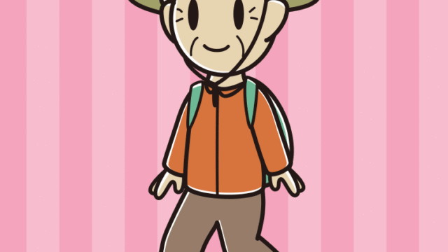 ハイキングをするおじいさんのイラスト【色、背景あり】PNG