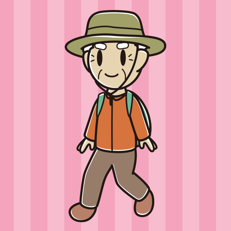 ハイキングをするおじいさんのイラスト【色、背景あり】PNG