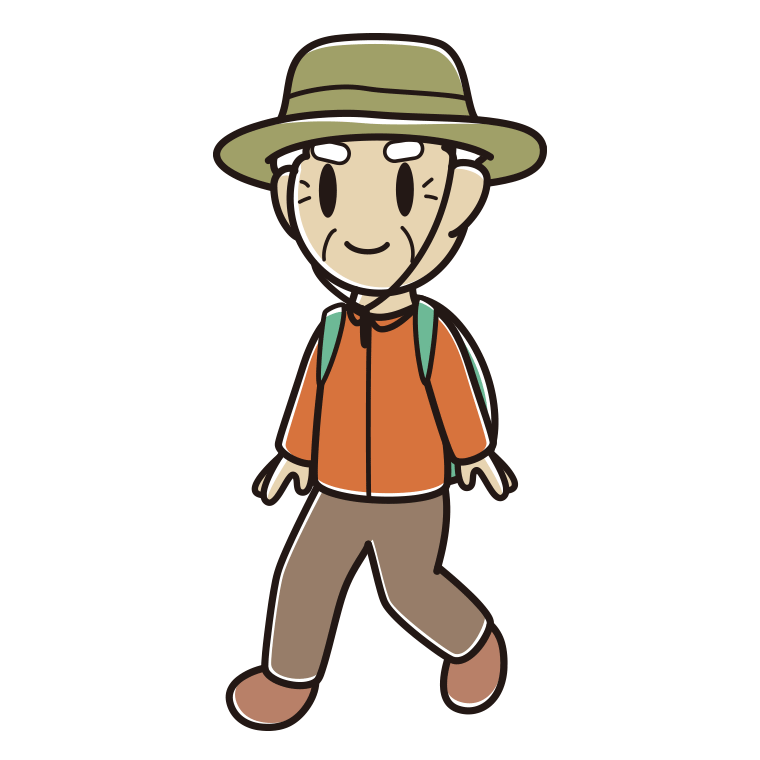ハイキングをするおじいさんのイラスト【色あり、背景なし】透過PNG