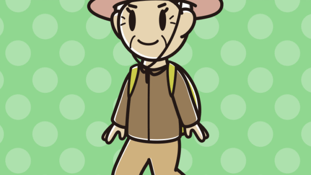ハイキングをするおばあさんのイラスト【色、背景あり】PNG