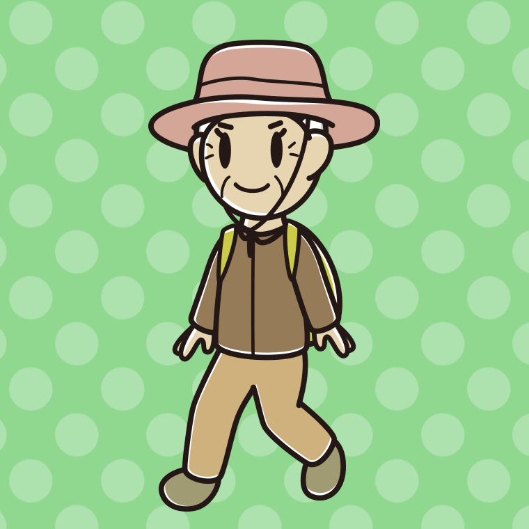 ハイキングをするおばあさんのイラスト【色、背景あり】PNG