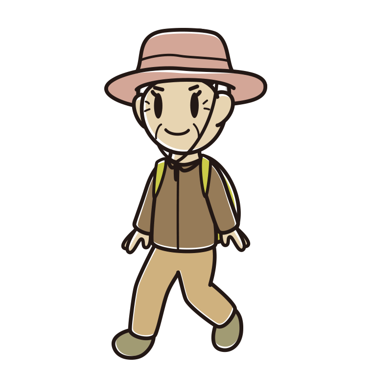 ハイキングをするおばあさんのイラスト【色あり、背景なし】透過PNG