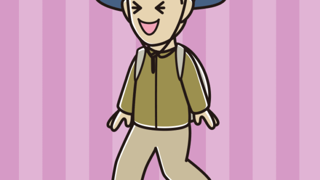 ハイキング中に笑う男性のイラスト【色、背景あり】PNG