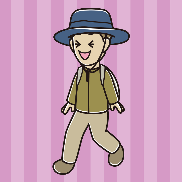 ハイキング中に笑う男性のイラスト【色、背景あり】PNG