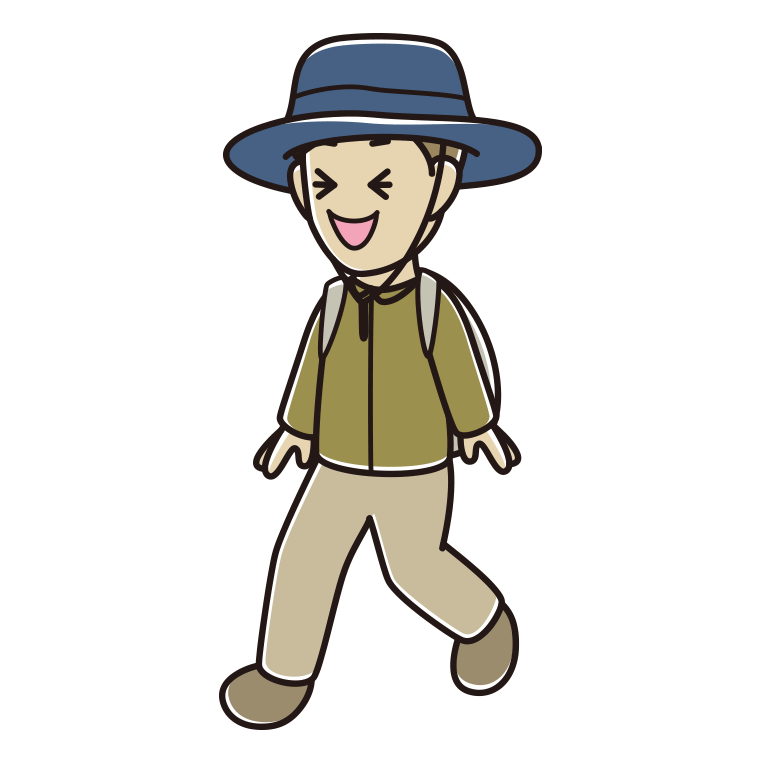 ハイキング中に笑う男性のイラスト【色あり、背景なし】透過PNG
