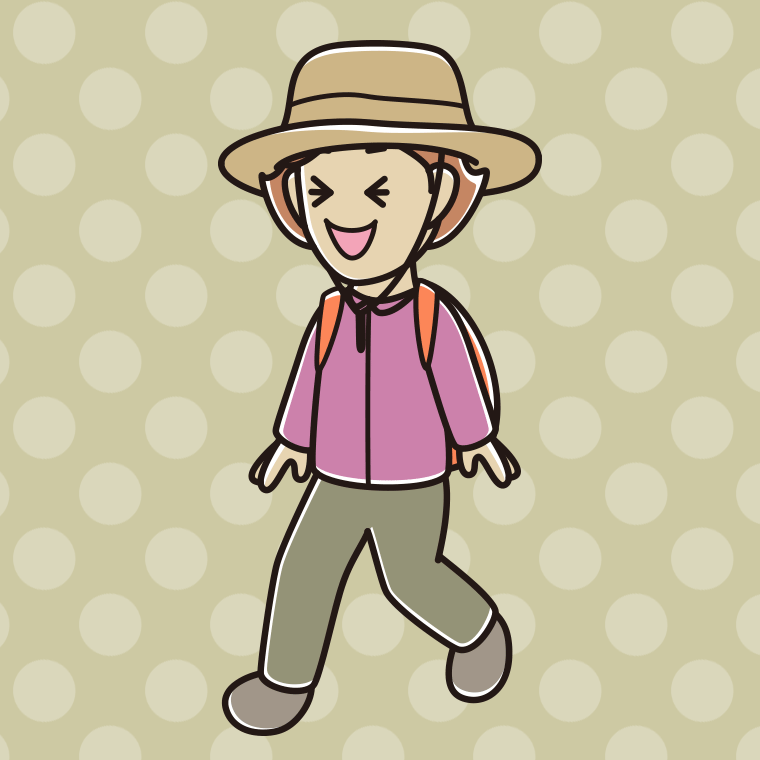 ハイキング中に笑う女性のイラスト【色、背景あり】PNG