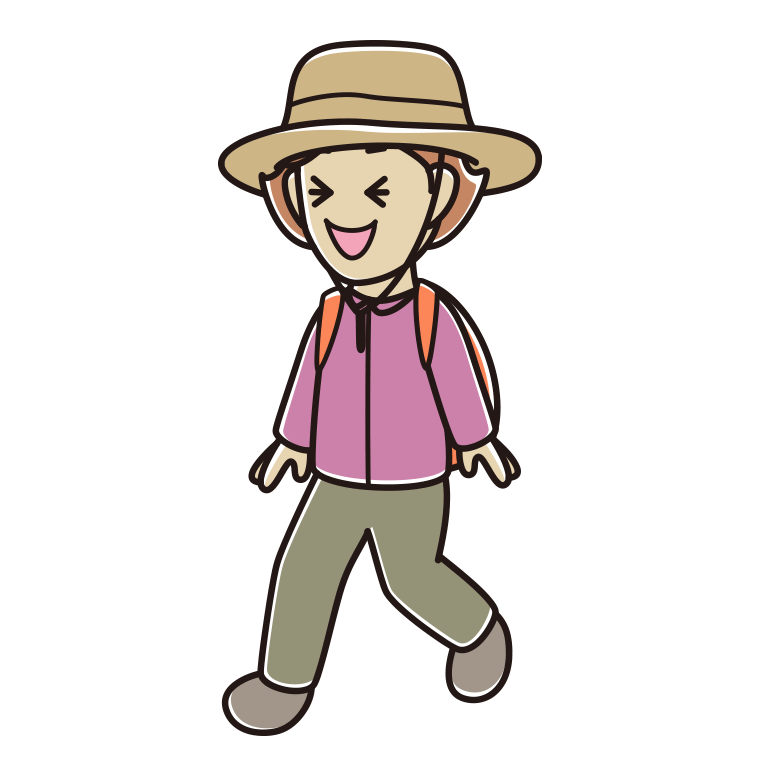 ハイキング中に笑う女性のイラスト【色あり、背景なし】透過PNG