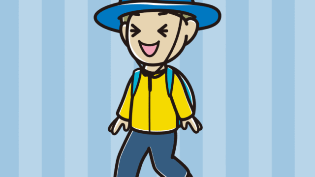 ハイキング中に笑う小学生男子のイラスト【色、背景あり】PNG