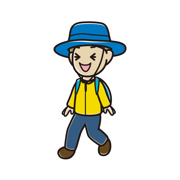 ハイキング中に笑う小学生男子のイラスト【色あり、背景なし】透過PNG