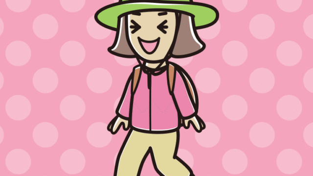 ハイキング中に笑う小学生女子のイラスト【色、背景あり】PNG