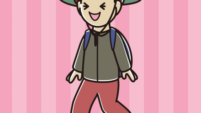 ハイキング中に笑う男子大学生のイラスト【色、背景あり】PNG