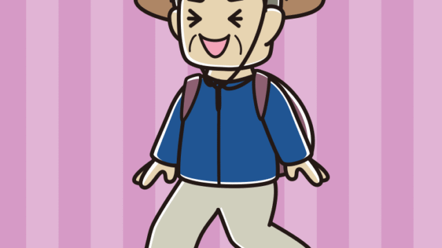 ハイキング中に笑うおじさんのイラスト【色、背景あり】PNG