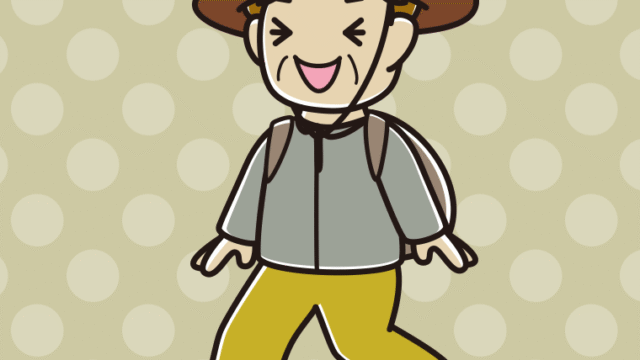 ハイキング中に笑うおばさんのイラスト【色、背景あり】PNG