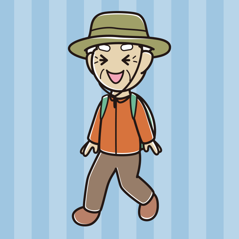 ハイキング中に笑うおじいさんのイラスト【色、背景あり】PNG