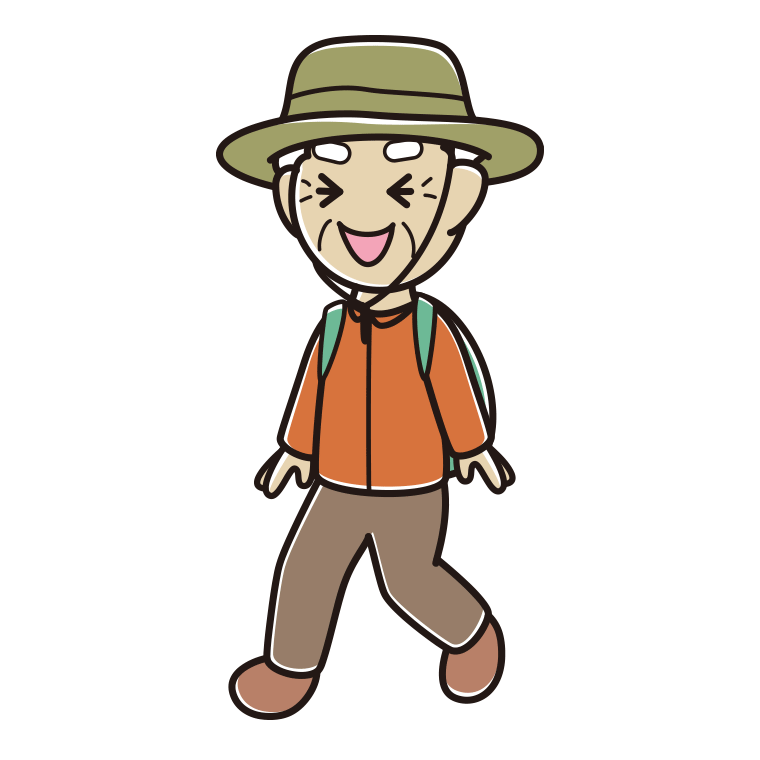 ハイキング中に笑うおじいさんのイラスト【色あり、背景なし】透過PNG