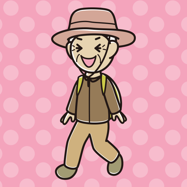 ハイキング中に笑うおばあさんのイラスト【色、背景あり】PNG