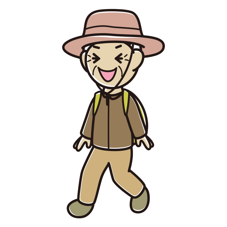 ハイキング中に笑うおばあさんのイラスト【色あり、背景なし】透過PNG