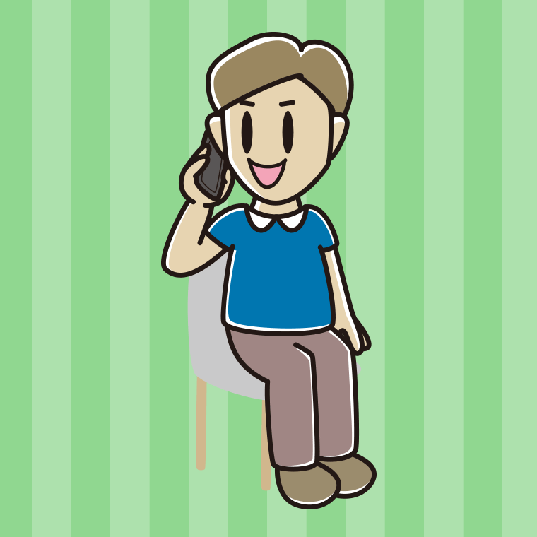 椅子でスマホで電話する男性のイラスト【色、背景あり】PNG