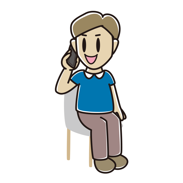 椅子でスマホで電話する男性のイラスト【色あり、背景なし】透過PNG