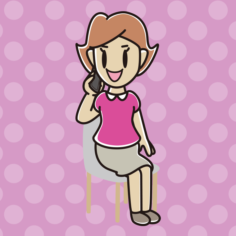 椅子でスマホで電話する女性のイラスト【色、背景あり】PNG