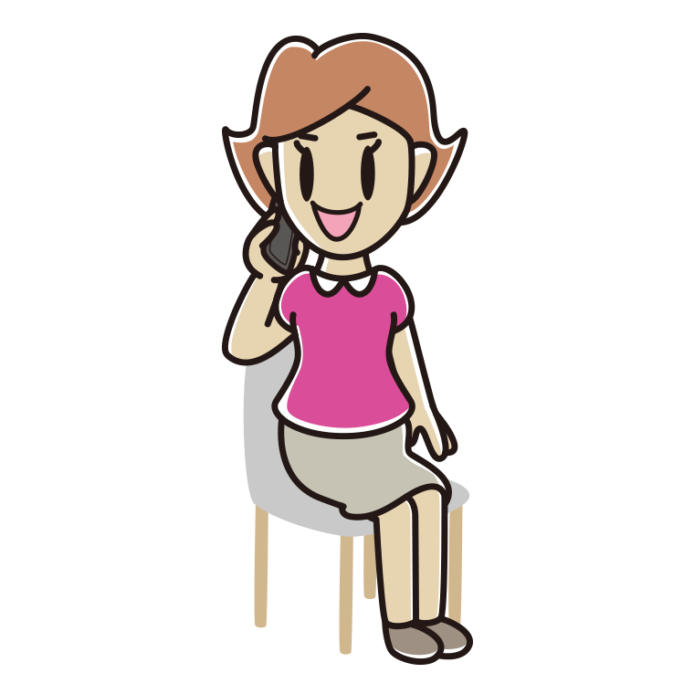 椅子でスマホで電話する女性のイラスト【色あり、背景なし】透過PNG