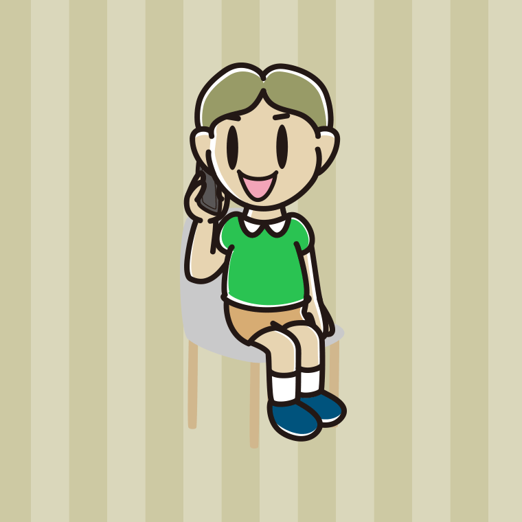 椅子でスマホで電話する小学生男子のイラスト【色、背景あり】PNG
