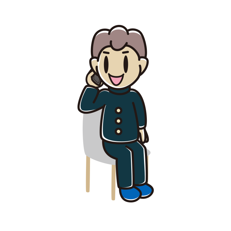 椅子でスマホで電話する男子中学生のイラスト【色あり、背景なし】透過PNG