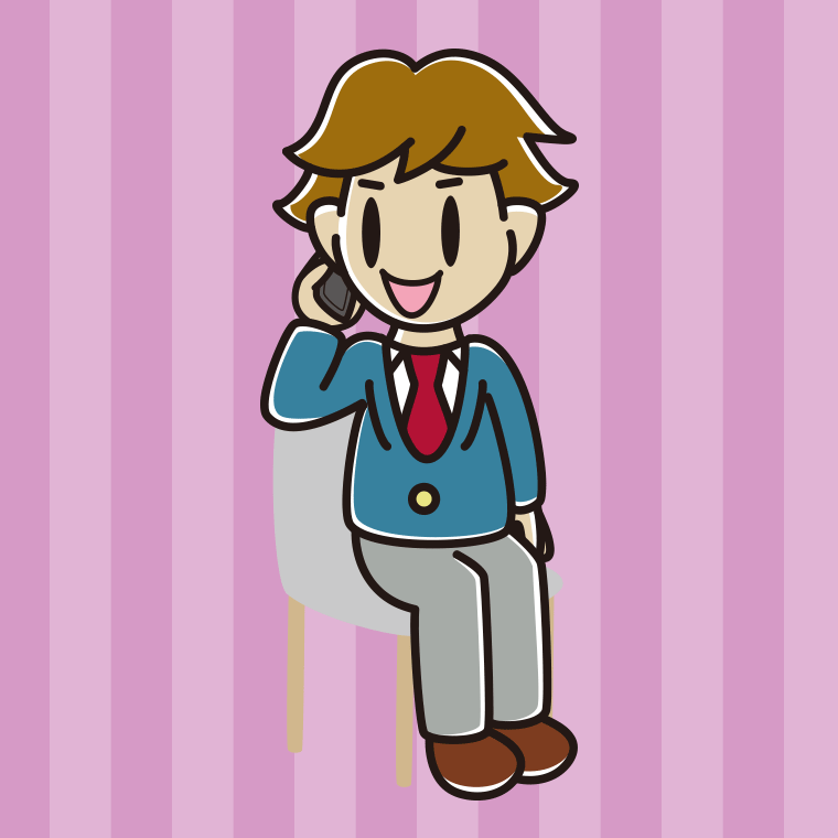 椅子でスマホで電話する男子高校生のイラスト【色、背景あり】PNG