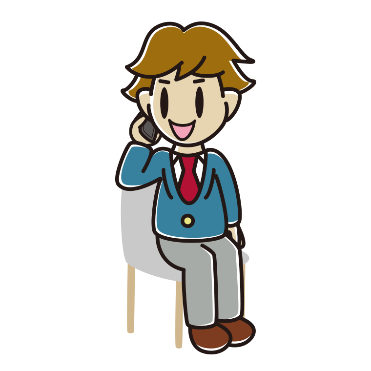 椅子でスマホで電話する男子高校生のイラスト【色あり、背景なし】透過PNG