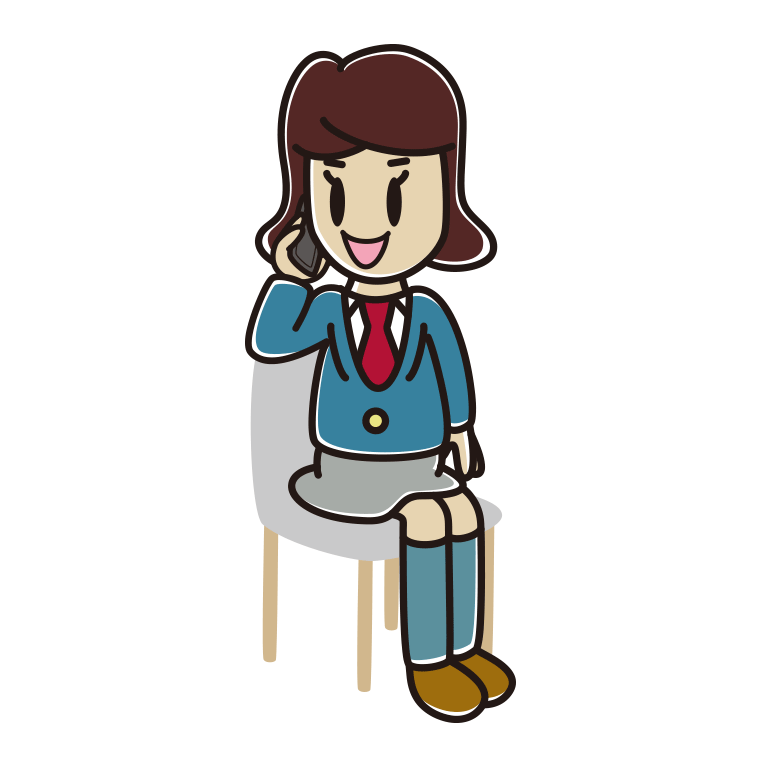 椅子でスマホで電話する女子高校生のイラスト【色あり、背景なし】透過PNG