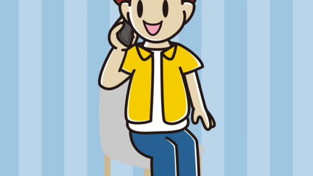 椅子でスマホで電話する男子大学生のイラスト【色、背景あり】PNG