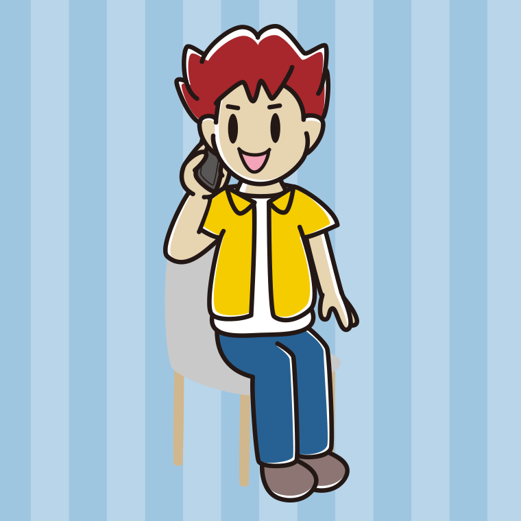 椅子でスマホで電話する男子大学生のイラスト【色、背景あり】PNG