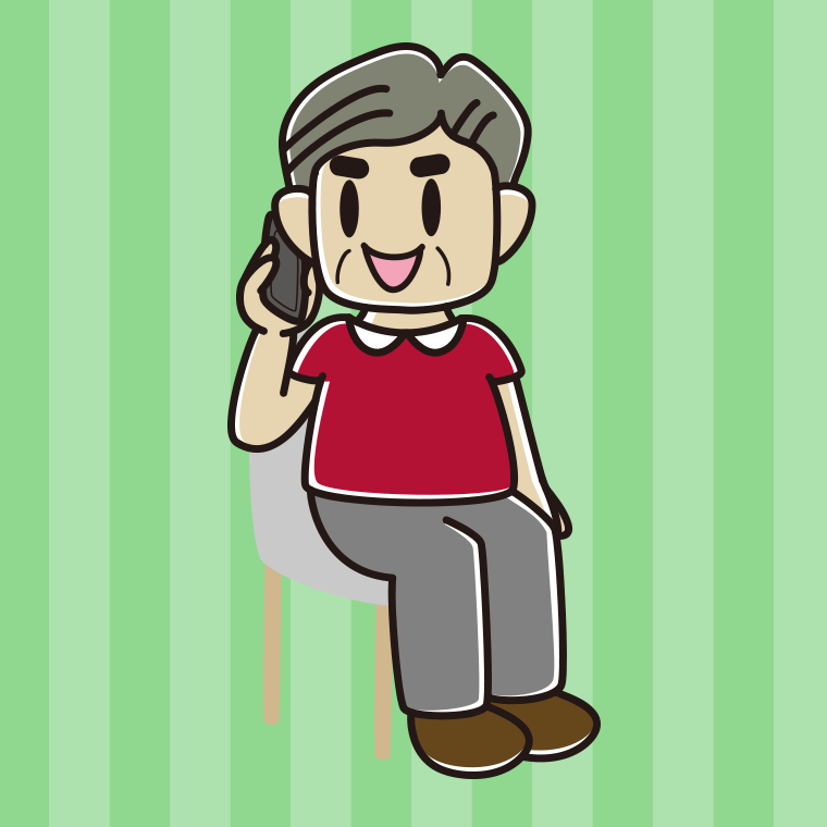 椅子でスマホで電話するおじさんのイラスト【色、背景あり】PNG