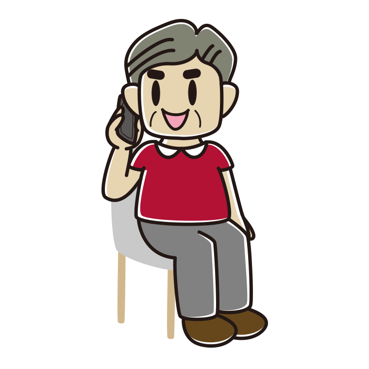 椅子でスマホで電話するおじさんのイラスト【色あり、背景なし】透過PNG