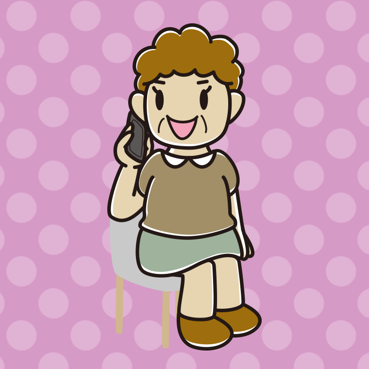 椅子でスマホで電話するおばさんのイラスト【色、背景あり】PNG