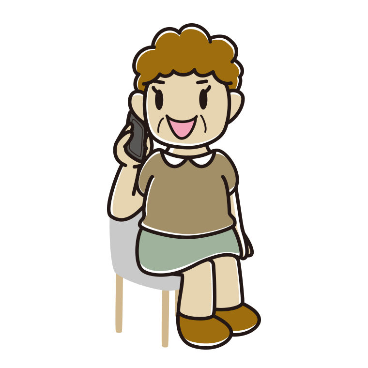 椅子でスマホで電話するおばさんのイラスト【色あり、背景なし】透過PNG