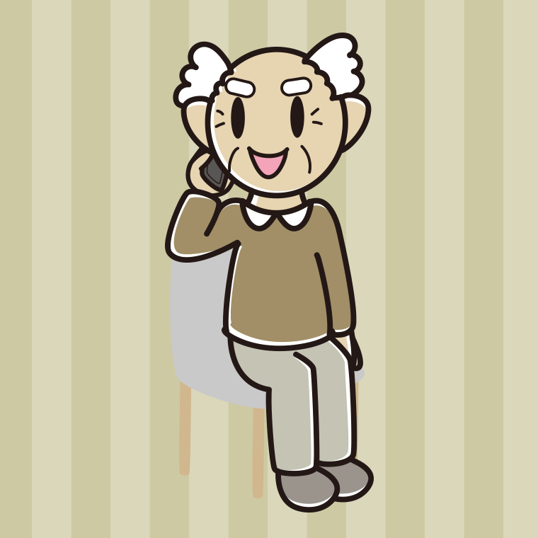 椅子でスマホで電話するおじいさんのイラスト【色、背景あり】PNG