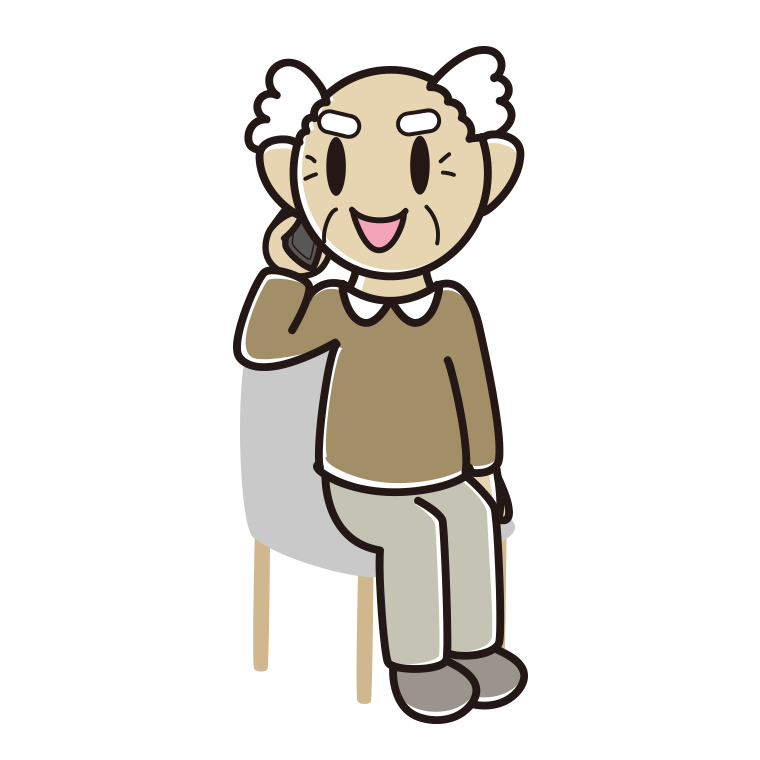 椅子でスマホで電話するおじいさんのイラスト【色あり、背景なし】透過PNG