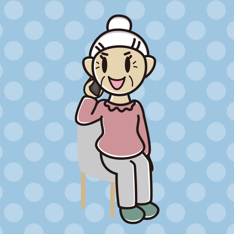 椅子でスマホで電話するおばあさんのイラスト【色、背景あり】PNG