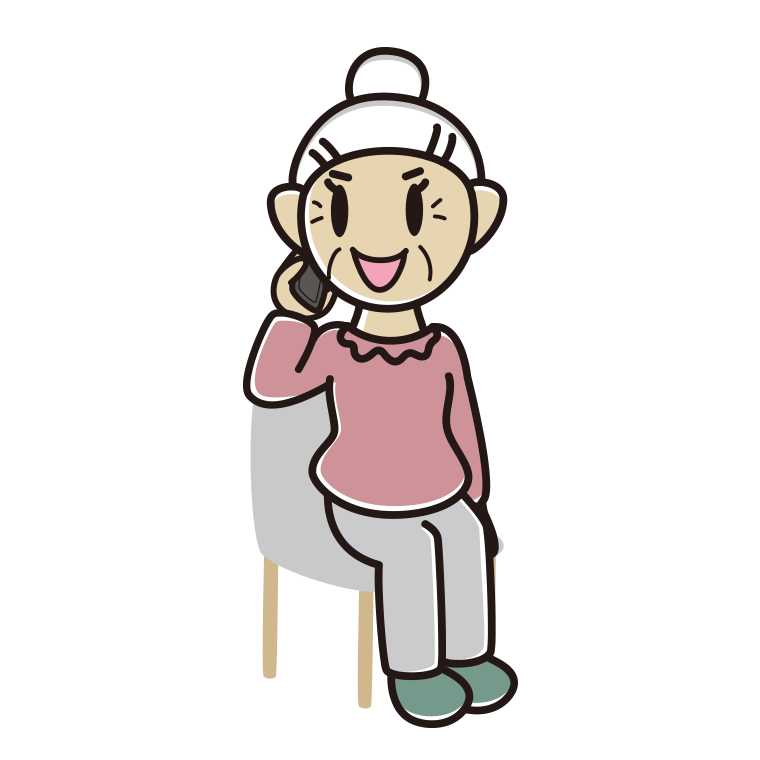 椅子でスマホで電話するおばあさんのイラスト【色あり、背景なし】透過PNG