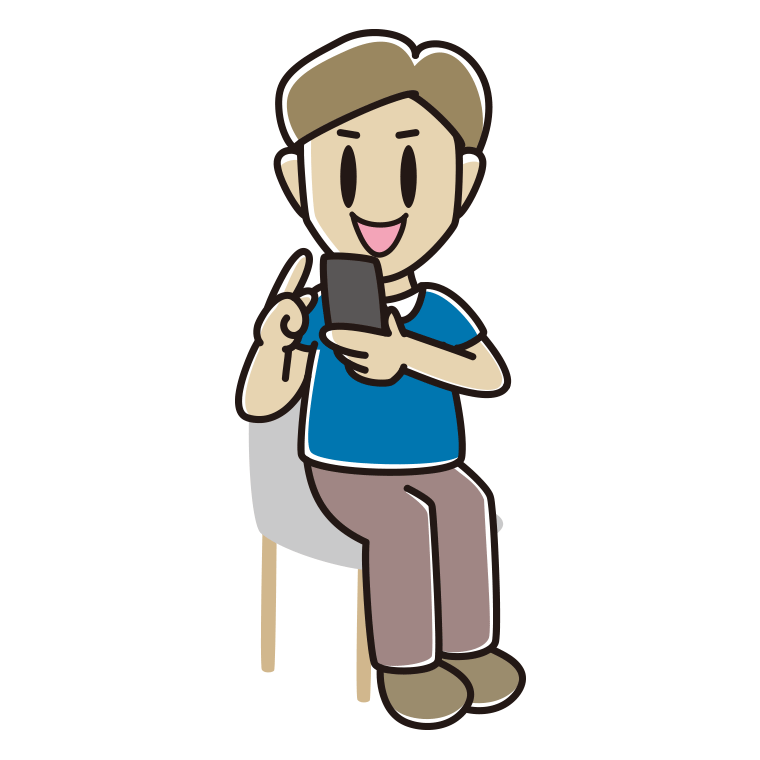 椅子でスマホを使う男性のイラスト【色あり、背景なし】透過PNG