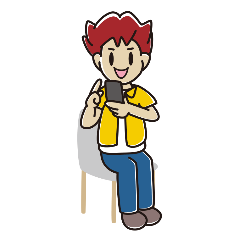 椅子でスマホを使う男子大学生のイラスト【色あり、背景なし】透過PNG